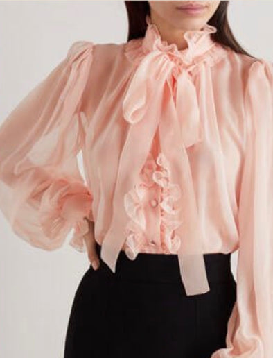 Dolce Gabbana Blush Pink Sheer Ruffle Blouse with Pussy Bow